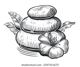 Massage stones with flower frangipani. Beauty spa natural alternative treatment. Sketch vector illustration