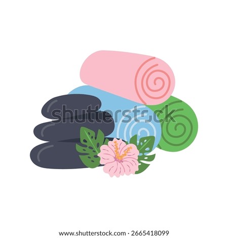 Massage stones and a stack of towels. Vector illustration of elements for Thai massage, spa