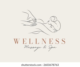 Massage studio and spa label with lettering wellness drawing in minimalist style with pastel color