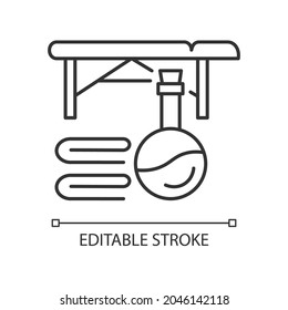 Massage table linear icon. Body and skin care. Massage therapy for muscle relief. Masseur. Thin line customizable illustration. Contour symbol. Vector isolated outline drawing. Editable stroke