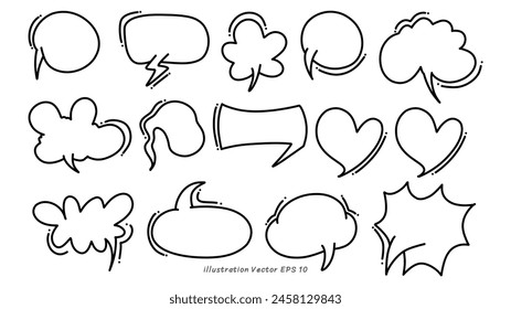 Dibujo de la mano de la charla del masaje, conjunto de Elementos dibujados a mano doodle cómics aislados sobre fondo blanco. Burbujas de voz con las palabras ,Ilustración vectorial EPS 10