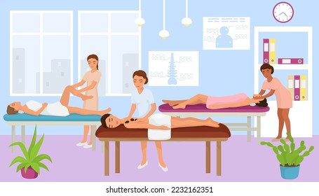 Gabinete masajista, mujer masajista se relaja en la mesa, ilustración vectorial. Ocio en salón, tratamiento corporal con cuidado de spa.