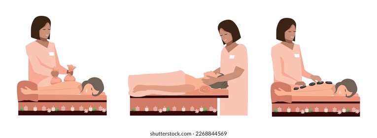 The massage therapist gives a massage to a girl. Relaxation in the spa. Stone therapy, aroma massage and facial massage. Set of vector illustration for advertising, flyers and social networks.