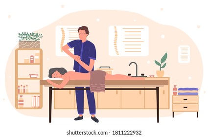 Massage therapist gives a massage to a young woman lying on the couch face down. Flat vector illustration