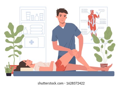 Massage therapist office. Man massaging woman leg and knee flat vector illustration. Sport massage, lifestyle, medicine concept for banner, website design or landing web page