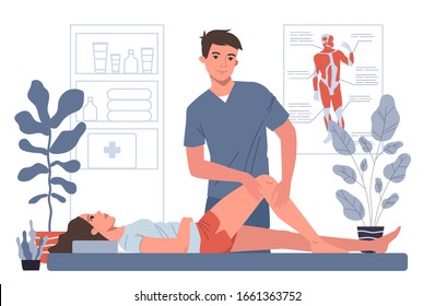 Massagetherapeut Büro. Mann massiert Frau Bein und Knie flache Vektorillustration Illustration. Sportmassage, Lifestyle, Medizin-Konzept für Banner, Website-Design oder Landing-Webseite