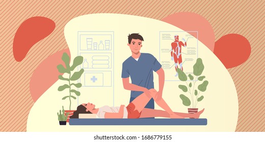 Massage therapist office. Man massaging woman leg and knee flat vector illustration. Sport massage, lifestyle, medicine concept for banner, website design or landing web page