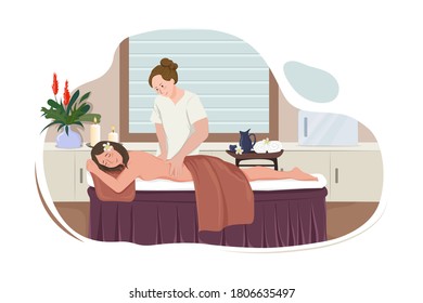 Massage therapist professional woman character doing exotic massage to happy smiling woman.