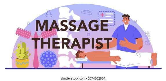 Cabecera tipográfica del terapeuta de masajes. Tratamiento de espalda y terapia de relajación. Masajista masajeando a un cliente sobre la mesa. Reflexología y masajes para bebés. Ilustración vectorial plana