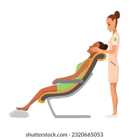 Massage therapist at work. Patient sits on chair, enjoying body relaxing treatment. Physiotherapist practicing massage, isolated cartoon characters. Flat vector illustration