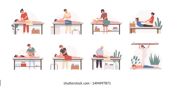 Massage therapists at work flat vector illustrations set. Patients lying on couch, enjoying body relaxing treatment. Physiotherapists practicing different massage types isolated cartoon characters. - Shutterstock ID 1494997871