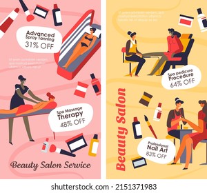 Massage therapy, advanced spray training, sale and discounts for beauty salons. Nail artist caring for toes and hands. Banners with percent of reduction. Treatment and cosmetics, vector in flat