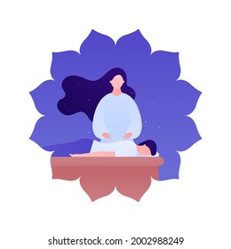 Massage therapy concept. Vector flat people illustration. Feamle therapist and patient person lying on couch. Flower symbol frame. Design for alternative health care, wellness, physiotherapy.