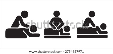 Massage Therapy Icons. Figures receiving back massage on table, varying poses, simple black silhouette graphic.