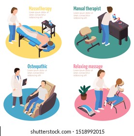 Massage therapy isometric 4x1 set of compositions with editable text and characters of physicians with patients vector illustration