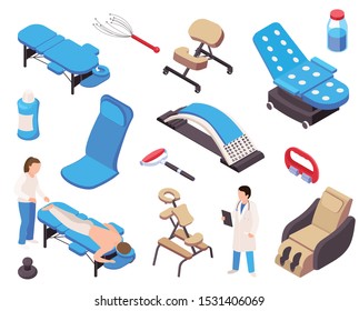 Massage Therapy Isometric Collection Of Isolated Icons And Images Of Medical Supplies Physiotherapeutic Equipment And People Vector Illustration