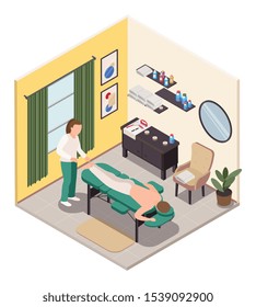 Massage therapy isometric room composition with indoor view of wellness room massage couch furniture and people vector illustration