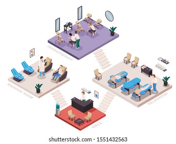 Massage therapy isometric rooms composition with set of rectangular platforms with people equipment and furniture images vector illustration