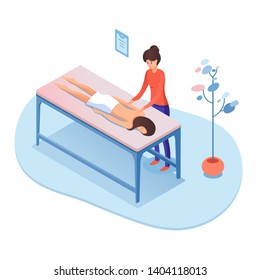 Massage therapy isometric vector illustration. Female therapist and client 3D cartoon characters. Spa resort, wellness center. Masseur profession. Healthy leisure, relaxation, body treatment salon