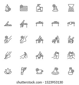 Massage therapy line icons set. Spa salon linear style symbols collection, outline signs pack. vector graphics. Set includes icons as aroma oil bottle, zen stones, lotus flower, aromatherapy, candle