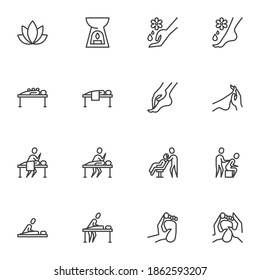 Massage therapy line icons set, outline vector symbol collection, linear style pictogram pack. Signs, logo illustration. Set includes icons as Spa salon, foot massage oil, lotus flower, candle