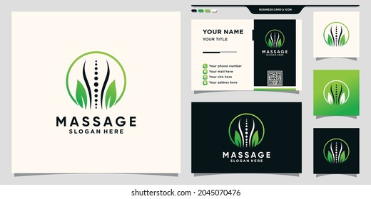 Massage therapy logo with circle line art style and business card design Premium Vector