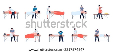 Massage therapy on couch. Medical rehabilitation back treatment after injury. Kinesiology, beauty spa professional service. Recent wellness vector scene