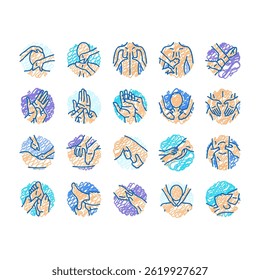 massage therapy relaxation doodle icons set vector. wellness healing, therapy stress, tension, rejuvenation holistic, bodywork, spa massage therapy relaxation sketch hand drawn