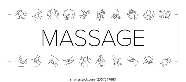 massage therapy relaxation icons set vector. wellness healing, therapy stress, tension, rejuvenation holistic, bodywork, spa massage therapy relaxation black contour illustrations