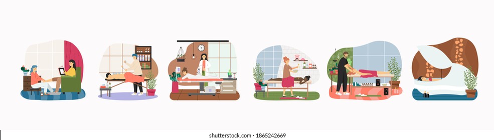 Massage therapy and relaxing spa body skincare procedures, flat vector illustration. People getting head, back, leg, anti cellulite lpg massage, taking bath. Cupping therapy. Osteopathy, physiotherapy