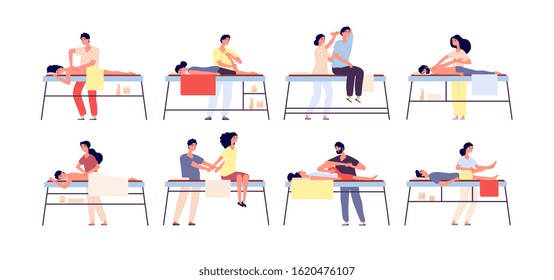 Massage therapy. Relaxing spa treatment, rehabilitation therapists and patients. Wellness relaxation men and women isolated vector set