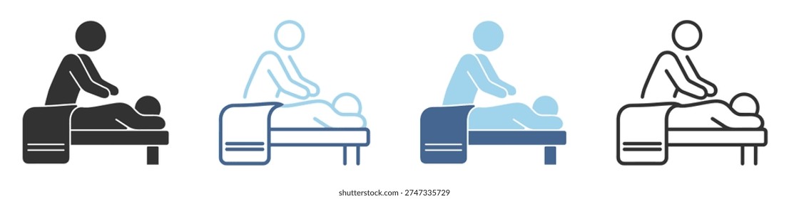 Massage therapy silhouette icon, spa wellness and physiotherapy treatment symbol with therapist and patient on transparent background
