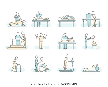 Massage therapy spa physiotherapy vector line medical icons. Therapeutic symbols and recuperation, physiotherapist rehabilitation illustration