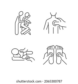 Massage therapy techniques linear icons set. Pressing on trigger points. Treating newborn colic. Customizable thin line contour symbols. Isolated vector outline illustrations. Editable stroke