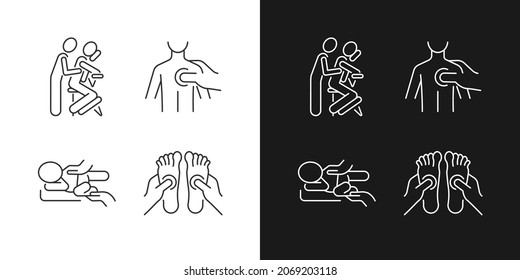 Massage therapy techniques linear icons set for dark and light mode. Pressing on trigger points. Treating colic. Customizable thin line symbols. Isolated vector outline illustrations. Editable stroke