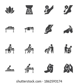 Massage therapy vector icons set, modern solid symbol collection, filled style pictogram pack. Signs, logo illustration. Set includes icons as Spa salon, foot massage oil, lotus flower, candle