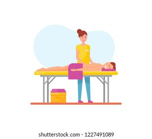Massage therapy woman masseuse working with pleasure man relaxing on table vector. Person with towel get professional treatment of massage specialist