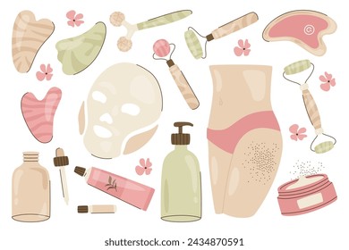 Massage tools, devices and gadgets, beauty cosmetics body skincare cream and scrub home spa products isolated set vector illustration. Roller massagers, gua sha scraper, anti-aging essential oil