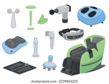 Massage tools flat set of vibration gadgets microcurrent equipment devices for skin care at home isolated vector illustration