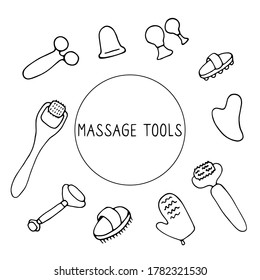 Massage tools. Massagers for face and body. Equipment for drainage, skin tightening lifting and health. Anti-cellulite brushes, massage rollers and gua sha scraper. Hand drawn illustration