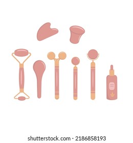 Massagewerkzeuge Set. Die Spannungs-Schmelzmassage für Gesicht und Hals.  Massagewalzen, Champignon-Gua-Schuhe und Gua-Sha-Schrott, Gua-Sha-Löffel, Serumflasche. Flache Vektorgrafik.