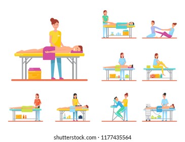 Massage and treatments set, back facial and hot stone, foot types. Masseuses with apparatus caring for client health, physiotherapy on rug, abdominal care