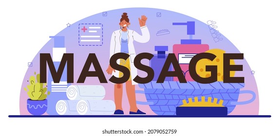 Massage typographic header. Back treatment and relaxation therapy. Masseur therapist massaging a client on table. Reflexology and baby massage. Flat vector illustration