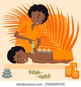 Massage vacuum cups. Treatments by professional therapist in spa. Vacuum therapy. Cup massage. Isolated flat vector illustration. African ethnicity.