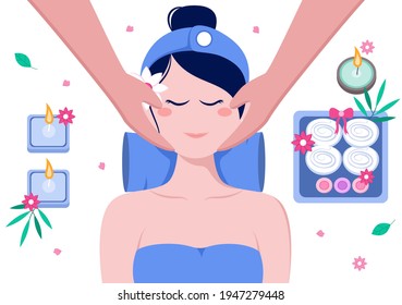 Massage Vector Illustration In Beauty Salon, Body Spa, Relaxation, Facial Essential And Skincare. Flat Design