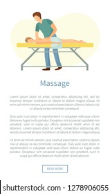 Massage web poster masseuse making relaxing movements on back. Male lying on table in spa salon vector healthcare concept, medical treatment procedure