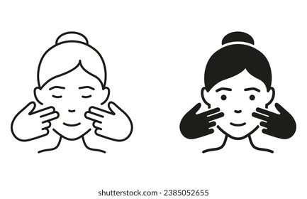 Massage for Woman Face Line and Silhouette Black Icon Set. Facial Massage Beauty Treatment Pictogram. Female Manual Anti Aging Skin Care Procedure Symbol Collection. Isolated Vector Illustration.