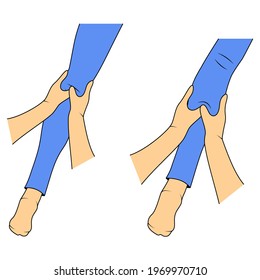 Massage. Yumeiho therapy. Instructions for performing massage techniques, kneading the leg muscles. Simple vector illustration for physical therapy guidelines, websites and prints.