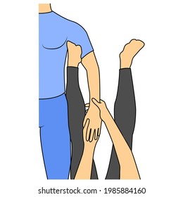 Massage. Yumeiho therapy. Instructions for performing massage techniques, mobilization of hand joints. Simple vector illustration for physical therapy guidelines, websites and prints.