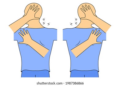 Massage. Yumeiho therapy. Instructions for performing massage techniques, stretching the neck muscles and manual manipulation. Simple vector illustration for physical therapy guidelines, websites.